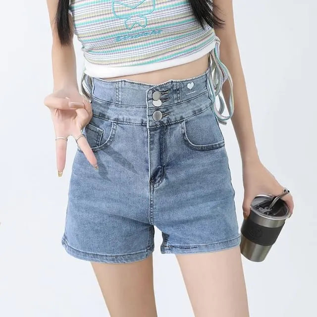 High Waist Washed Denim Hot Pants