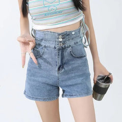 High Waist Washed Denim Hot Pants
