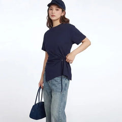 Short Sleeve Crew Neck Plain Drawstring Slim-Fit T-Shirt