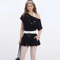 Short Sleeve Mock Two Piece Cold Shoulder Color-Block Slim-Fit Top