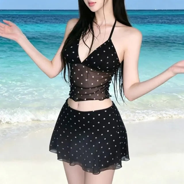 Set: Polka Dot Tankini Top + Swim Skirt