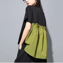 Elbow-Sleeve Crew Neck Asymmetrical Frill Trim T-Shirt