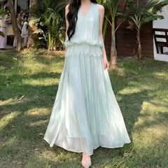 Sleeveless V-Neck Plain Lace Trim Maxi Smock Dress