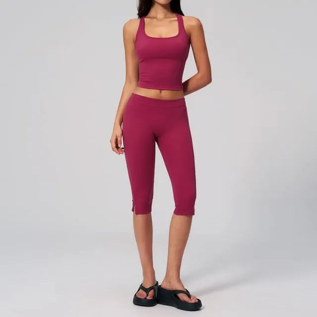 Set: Square Neck Plain Padded Yoga Tank Top + Mid Rise Slit Capri Yoga Pants