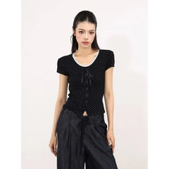 Short-Sleeve Scoop Neck Polka Dot Lace Trim Crop T-Shirt