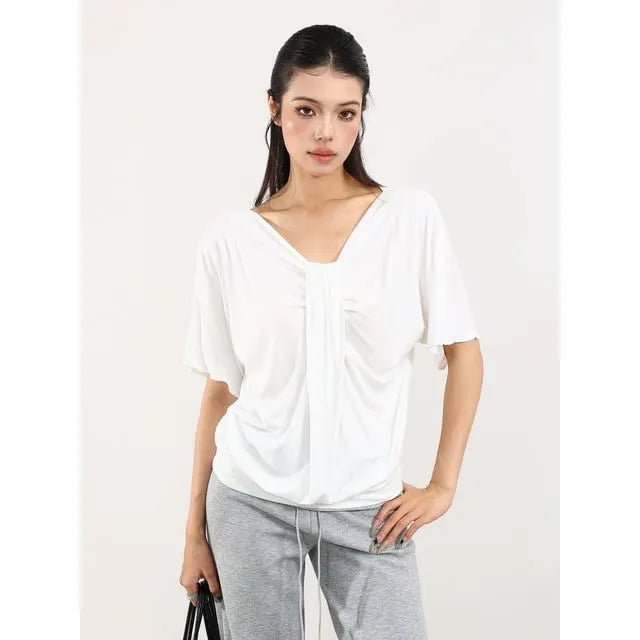 Short-Sleeve V-Neck Plain Shirred T-Shirt
