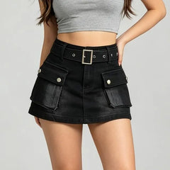 High Waist Belted Mini Denim Cargo Skort