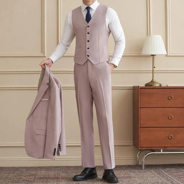 Set: Lapel Collar Plain Button Up Blazer + V-Neck Button Up Vest + Mid Rise Straight Leg Dress Pants