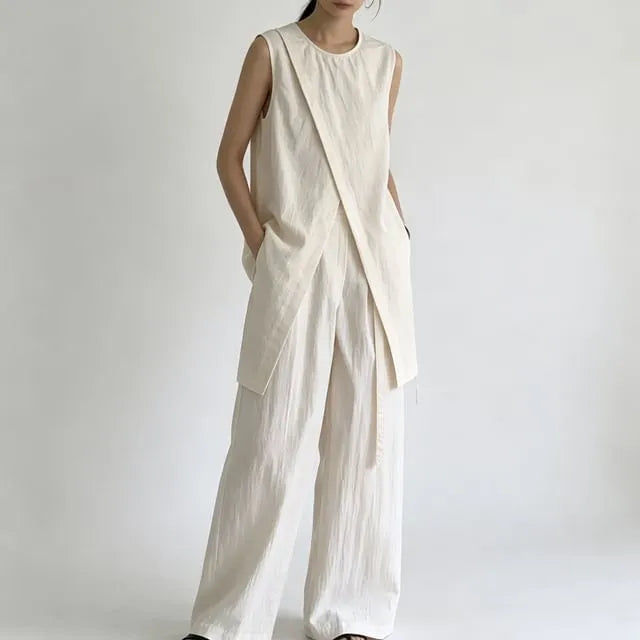 Set: Sleeveless Round Neck Plain Panel Slit Top + High Waist Wide Leg Pants