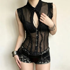 Sleeveless Plain Ruffled-Trim Sheer Slim-Fit Blouse