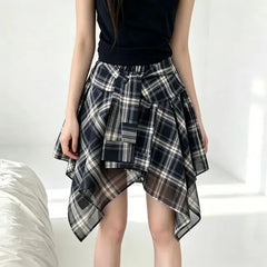 High Waist Plaid Asymmetrical Mini A-Line Skirt