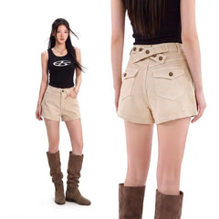 High Waist Plain Buckle-Back Denim Shorts