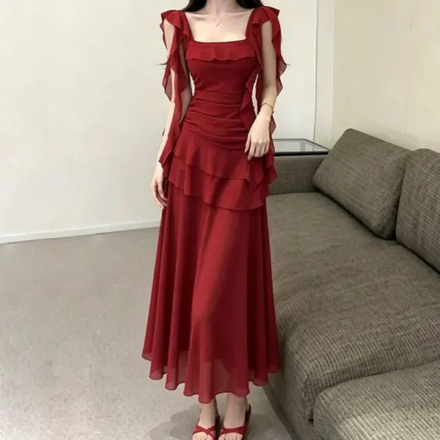 Ruffle Trim Sleeveless Square Neck Plain Maxi A-Line Dress