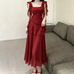 Ruffle Trim Sleeveless Square Neck Plain Maxi A-Line Dress