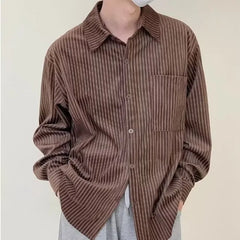 Long-Sleeve Collared Striped Corduroy Button Up Shirt
