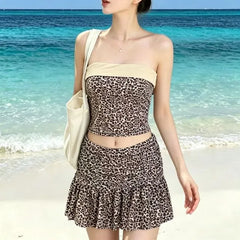 Set: Leopard Print Panel Bandeau Swim Top + Swim Skirt