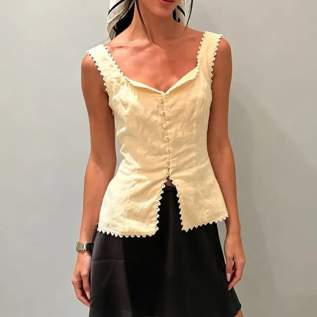 Sleeveless Sweetheart Neck Button-Up Lace Trim Top