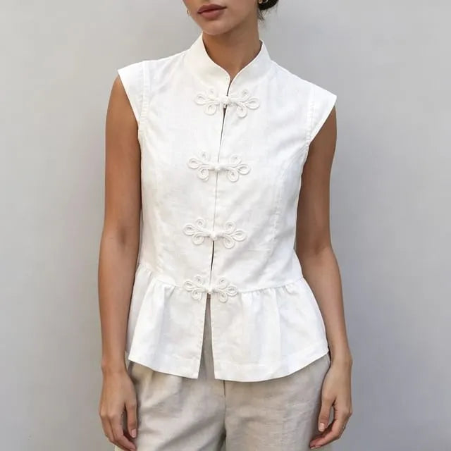 Cap-Sleeve Mandarin Collar Plain Peplum Top