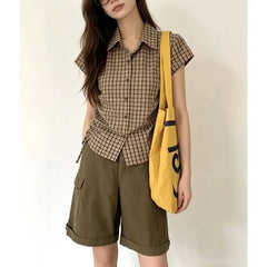 Short Sleeve Checked Side Drawstring Slim-Fit Shirt