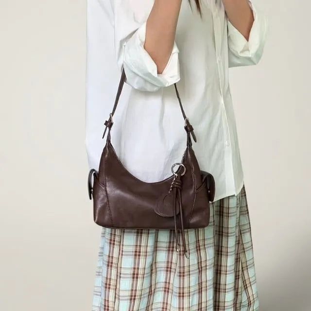 Set: Plain Faux Leather Shoulder Bag + Bag Charm