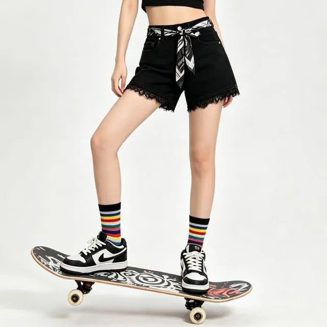 Mid Rise Lace Trim Denim Shorts