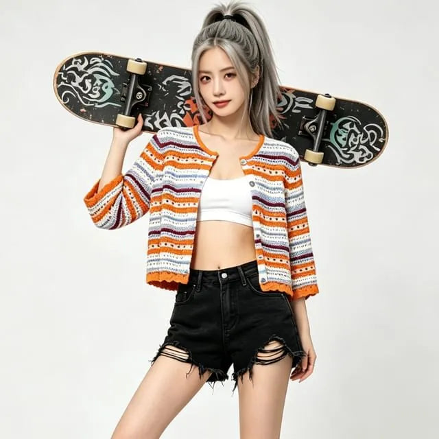 Elbow-Sleeve Striped Crochet Knit Cardigan