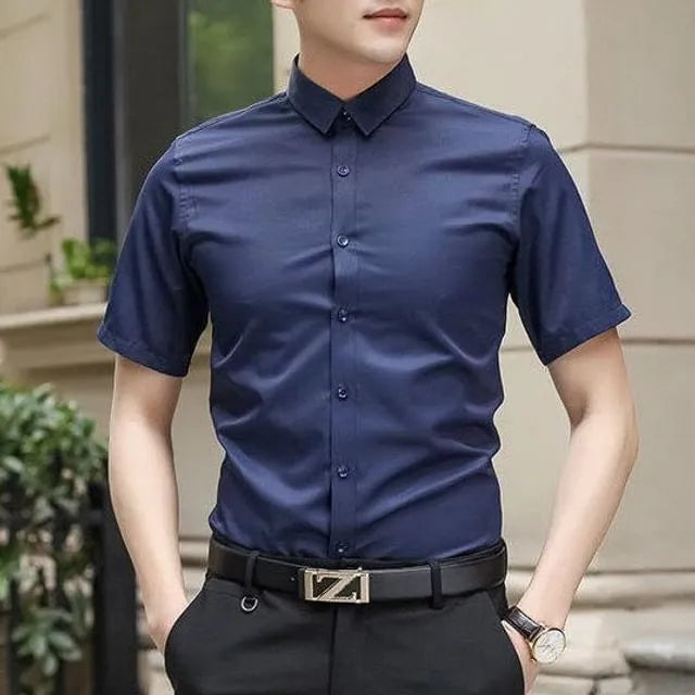 Short-Sleeve Button-Up Plain Shirt