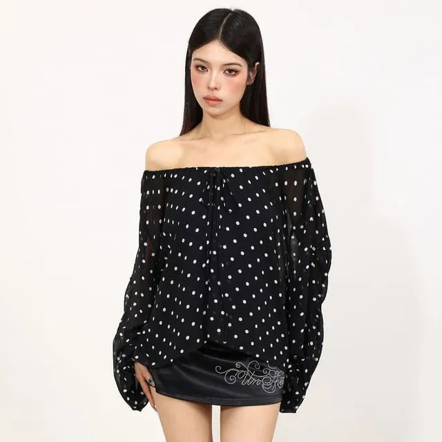 Long Sleeve Off Shoulder Polka Dot Bow Chiffon Top