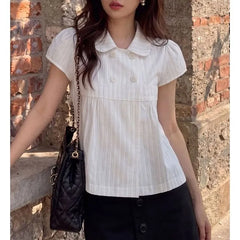 Short Sleeve Doll Collar Striped Button Detail Loose-Fit Blouse