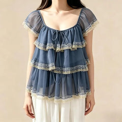 Cap-Sleeve Square Neck Lace Trim Tiered Ruffle Sheer Blouse
