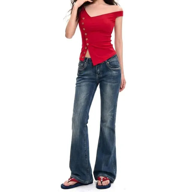 Sleeveless Asymmetrical Button-Up Plain Crop Top