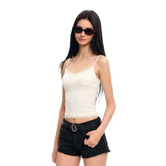 V-Neck Lace Trim Plain Crop Camisole Top
