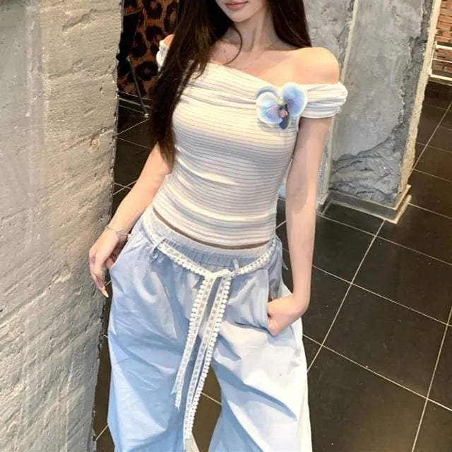 Off Shoulder Floral Accent Striped Crop Top / Mid Rise Plain Loose Fit Wide Leg Pants