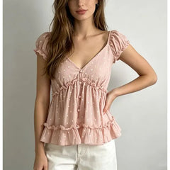 Puff Sleeve V-Neck Polka Dot Ruffled-trim A-Line Blouse