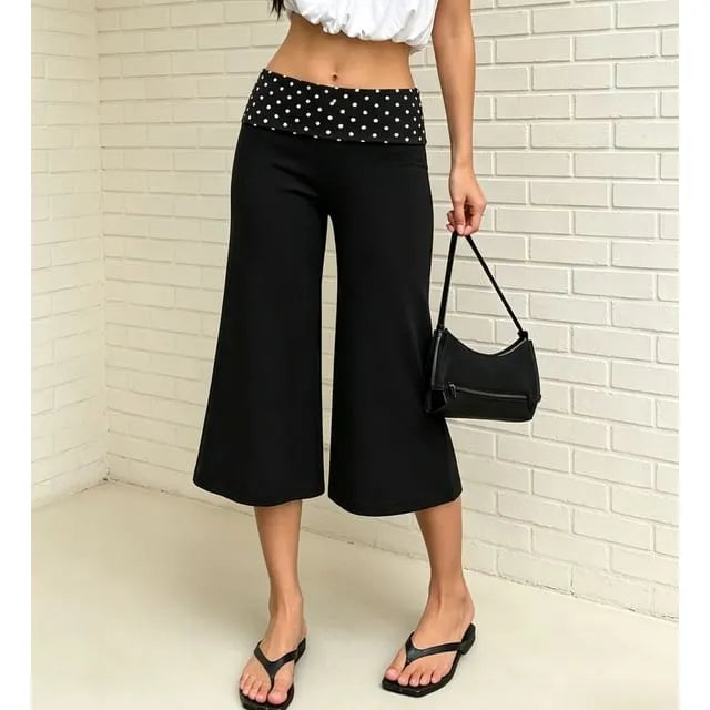 Low Waist Polka Dot Panel Boot-Cut Capri Pants