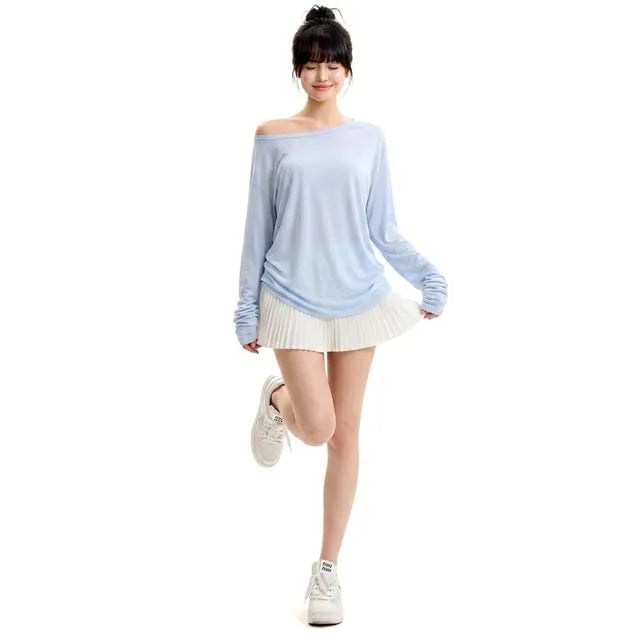 Long-Sleeve Off-Shoulder Plain Sheer T-Shirt
