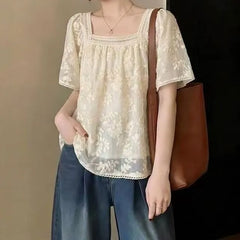 Short-Sleeve Square Neck Lace Blouse