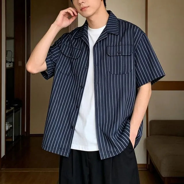 Oversized Striped Cuban-Collar Shirt with Dual-Pocket