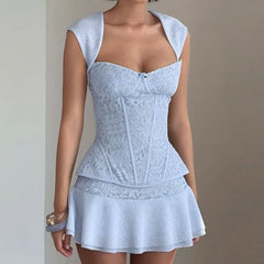 Set: Cap-Sleeve Sweetheart-Neckline Fishbone Lace Top + Mid Rise Mini A-Line Skirt