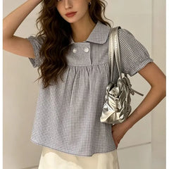 Puff Sleeve Peter Pen Collar Gingham Loose-Fit Blouse