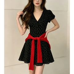 Puff Sleeve V-Neck Polka Dot Slim-Fit Mini A-Line Dress