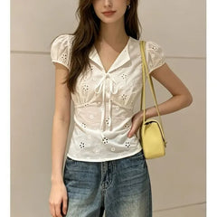 Puff Sleeve V-Neck Plaid Tie-Front Slim-Fit Blouse