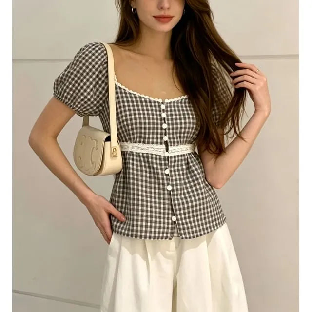 Short Sleeve Square Neck Lace Panel Slim-Fit Blouse