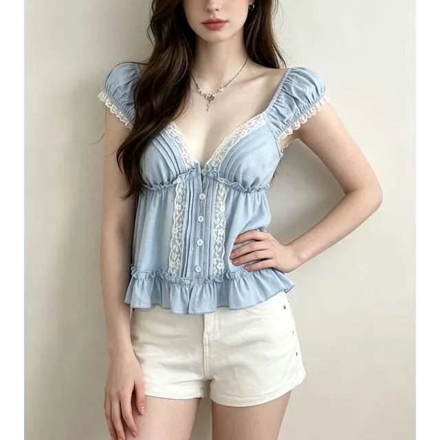 Cap Sleeve V-Neck Lace-Trim Ruffled-Hem Slim-Fit Blouse