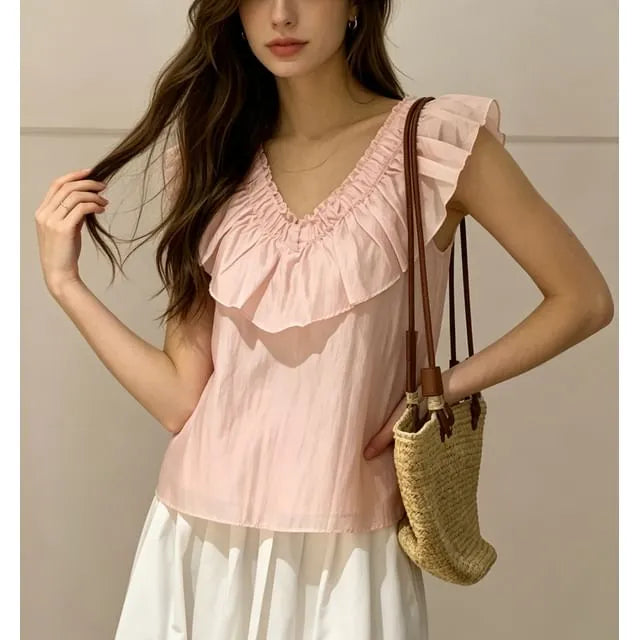 V-Neck Ruffled-Trim Plain Sheer Loose-Fit Tank Top