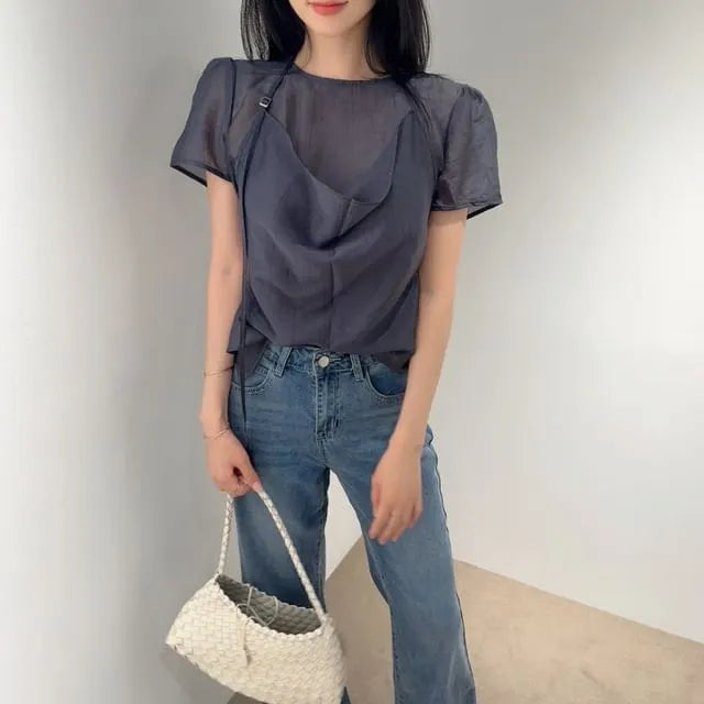Set: Short-Sleeve Crewneck Plain Top + Halter Neck Crop Top