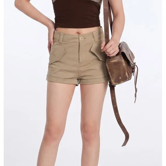 High Waist Plain Slim-Fit Cargo Shorts