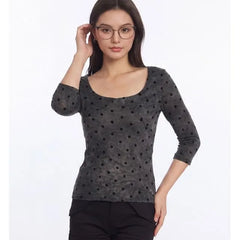 Elbow Sleeve Scoop Neck Polka Dot Slim-Fit T-Shirt