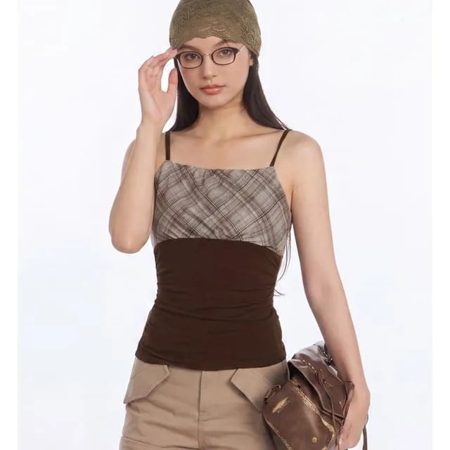Square-Neck Plaid Color-Block Slim-Fit Camisole Top