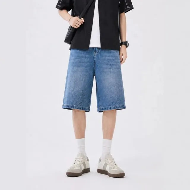 Mid Rise Washed Rhinestone Denim Shorts